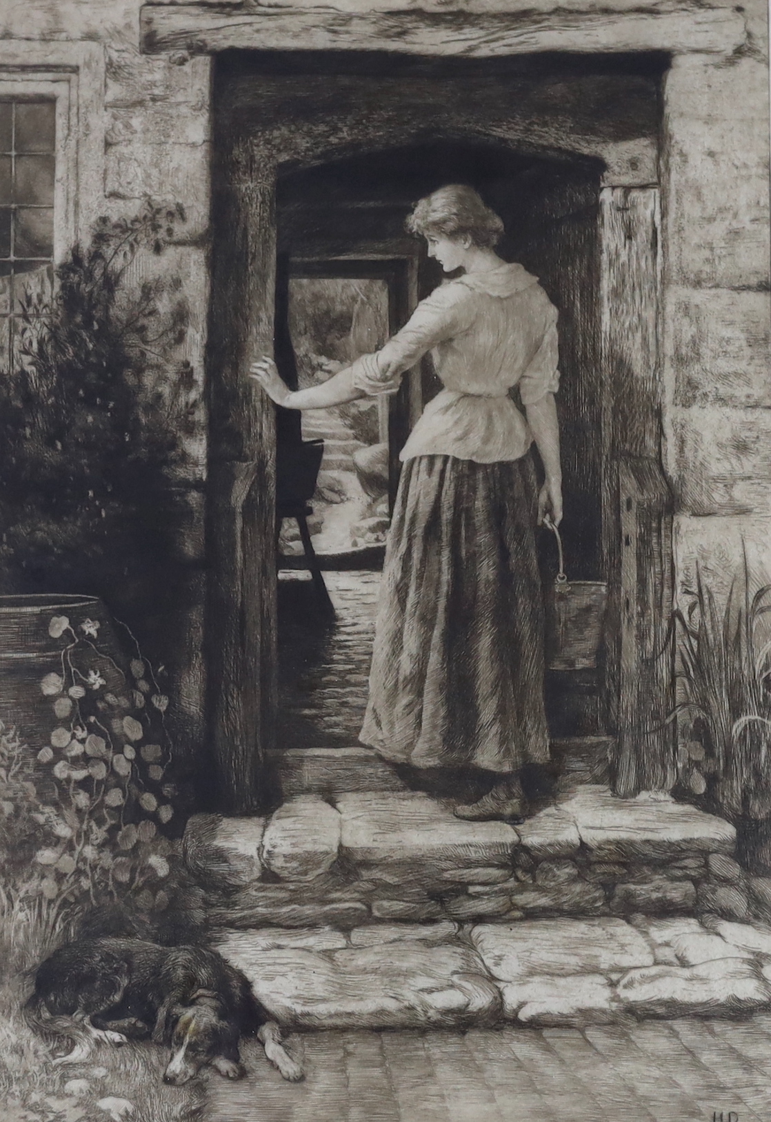 Herbert Dicksee (1862-1942), two etchings, On the Threshold (Herbert Dicksee's wife, Ella Maria) & Lucky Dog, each signed in pencil, publ. 1901 & 1908, 47 x 32cm